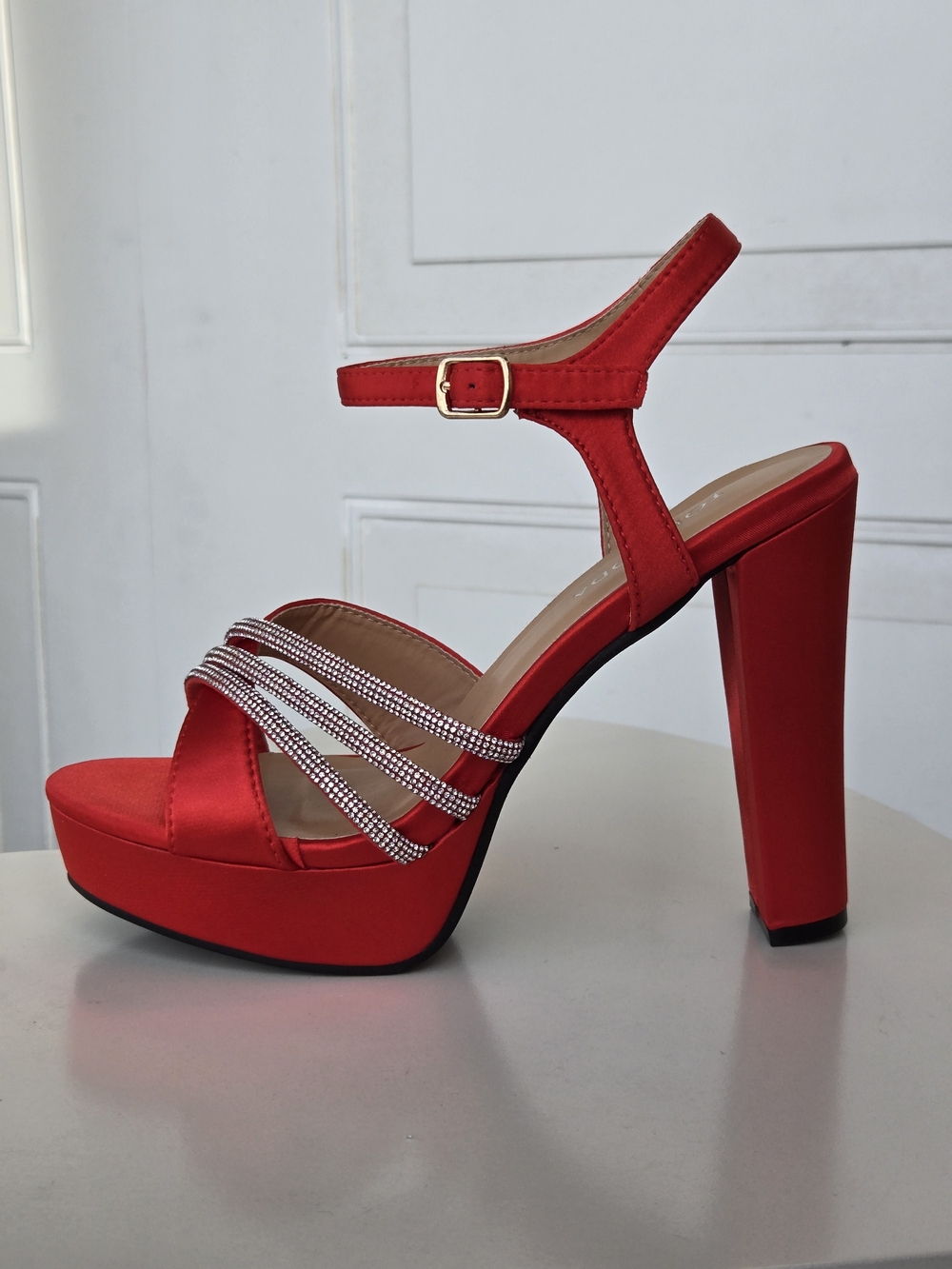 Red Platform Block Heel Sandals with Crystal Straps